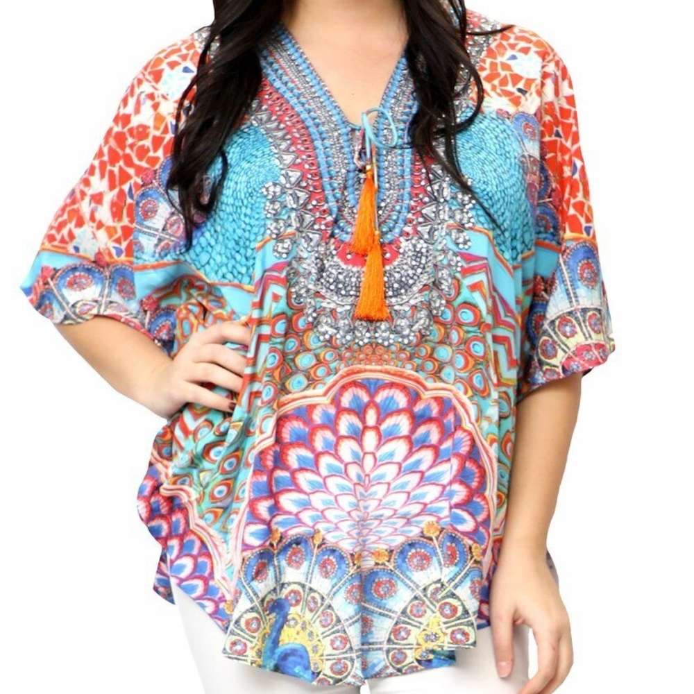 NWT~TRUE COLOURS La Moda Peacock Kaftan Caftan Swim Cover Up Top O/S